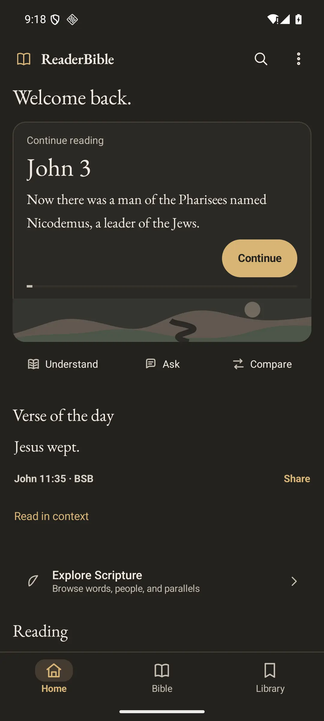 ReaderBible Android Home in the dark theme: continue reading John 3, verse of the day, and Explore Scripture