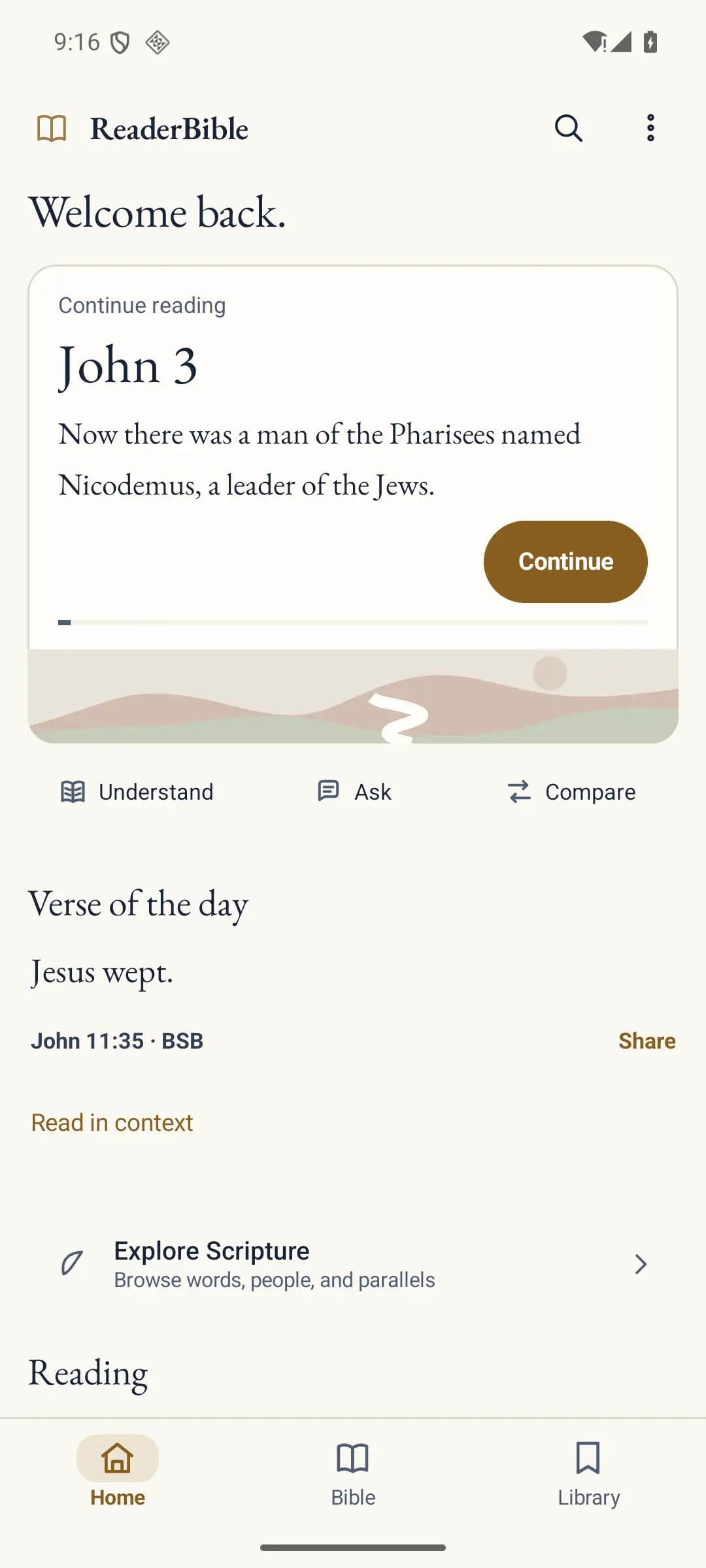 ReaderBible Android Home: continue reading John 3, verse of the day, and Explore Scripture
