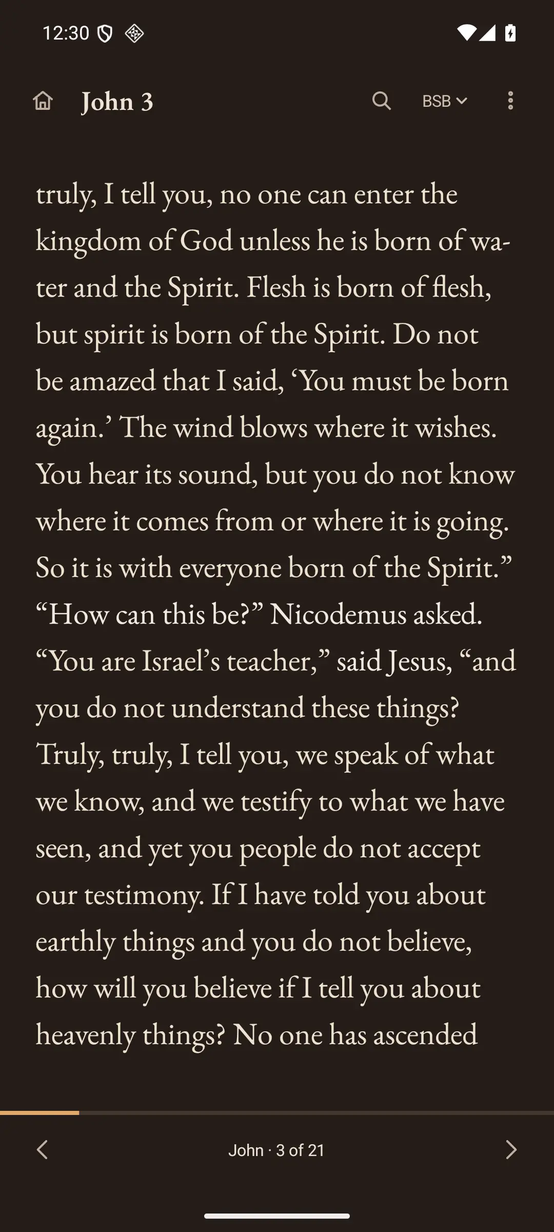 ReaderBible Android Reader in the dark theme, showing John 3 in a quiet, full-screen page