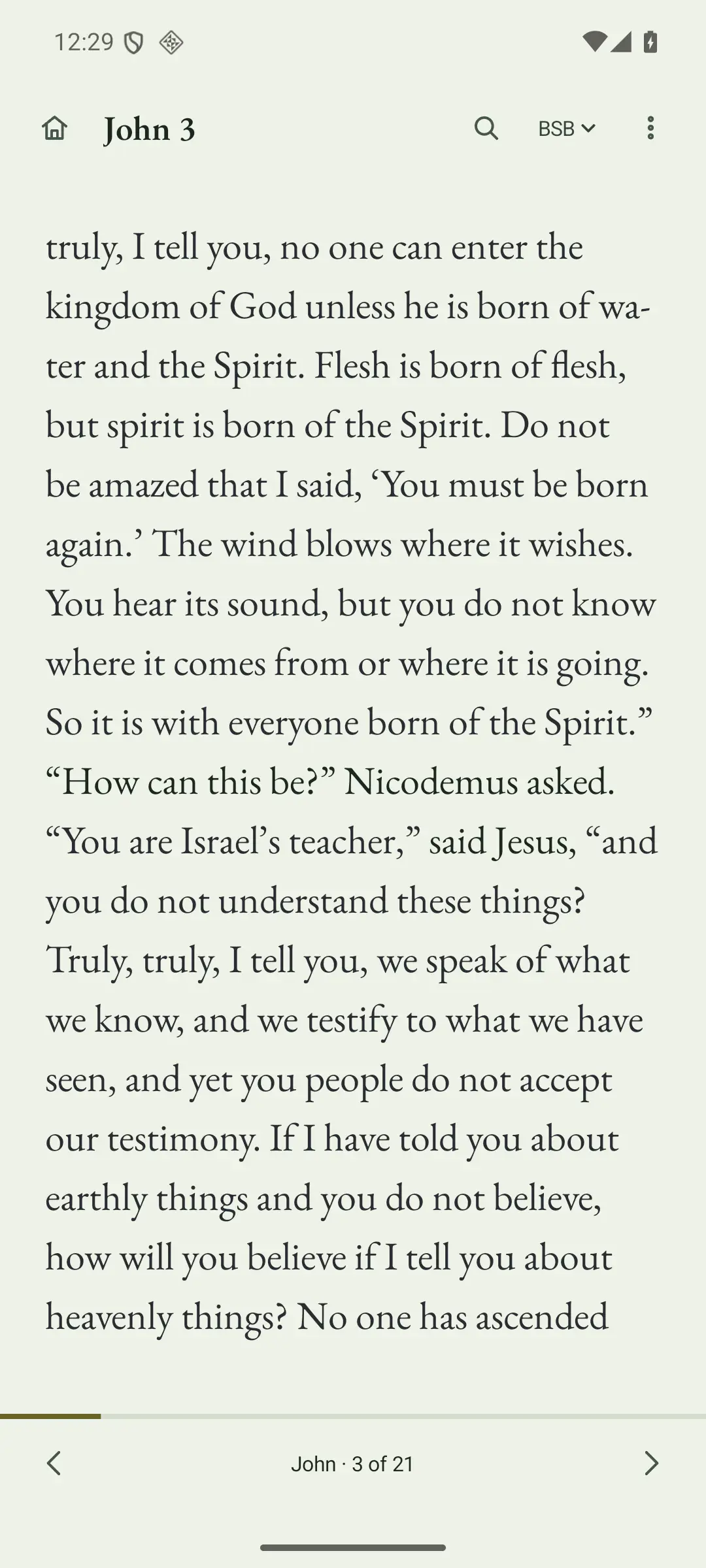 ReaderBible Android Reader showing John 3 in a quiet, full-screen page